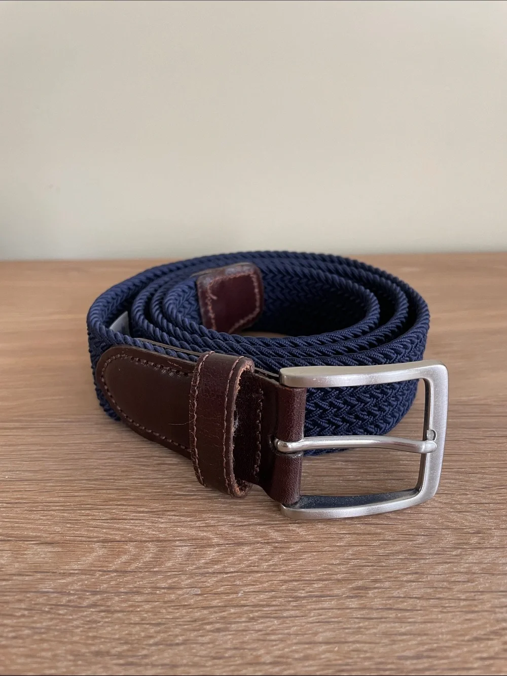 LANDS’ END MEN’S BRAIDED STRETCH BELT Size L (36 - 38) Navy Blue Leather Trim